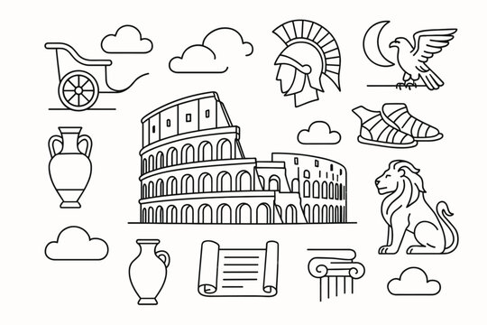 Ancient rome line icon set. colosseum, gladiator, roman symbols in outline style