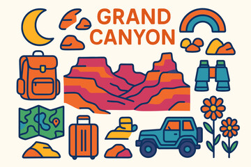 Grand canyon trip flat icon set. outdoor adventure travel icons collection