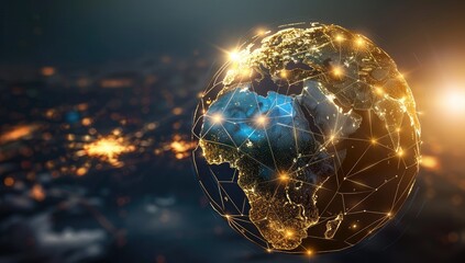 A glowing, gold-veined Earth model is presented against a blurred backdrop of city lights, suggesting global connectivity and technological advancement