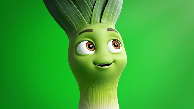 Cartoon leek character smiling against green backdrop