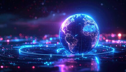 Abstract Globe with Glowing Lines and Dots on Dark Surface in Cinematic Style