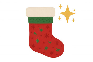 Red christmas stocking with green snowflake patterns, white fur cuff, and sparkling golden star, holiday illustration