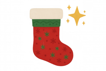 Red christmas stocking with green snowflake patterns, white fur cuff, and sparkling golden star, holiday illustration