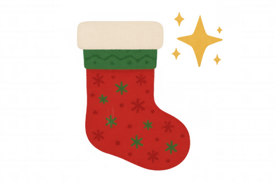 Red christmas stocking with green snowflake patterns, white fur cuff, and sparkling golden star, holiday illustration