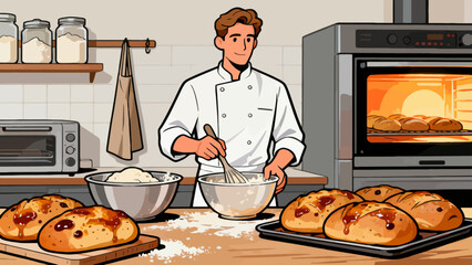 The baker is baking. Cartoon hand-drawn vector illustration