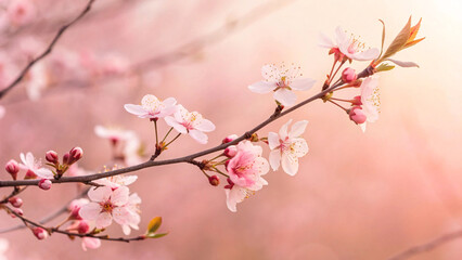 Obraz premium Delicate pink cherry blossom branch with soft white petals, deep pink centers, golden stamens, and unopened buds against dreamy blurred peachy-pink bokeh background.