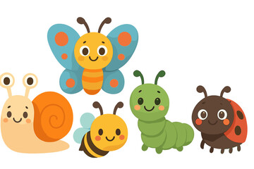 Naklejka premium Collection of cute smiling cartoon garden insects and bugs including snail butterfly bee caterpillar and ladybug characters