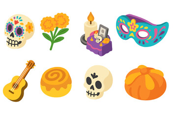 Day of the dead 3d icon set. dia de los muertos symbols in vibrant 3d style