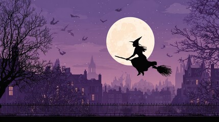 Silhouette of witch on broomstick flying in front of full moon over town at night