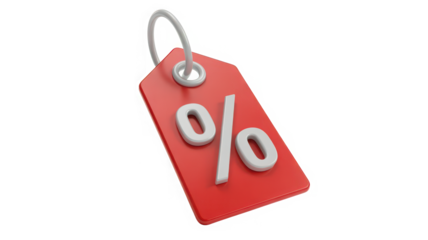 Red discount tag with percentage sign 3D render for sales promotion