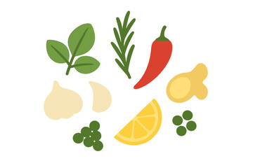 Collection of fresh culinary ingredients for cooking and seasoning including basil, rosemary, garlic, chili, lemon, ginger, and peppercorns