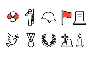 Remembrance day line icon set with poppy, soldier, and memorial symbols