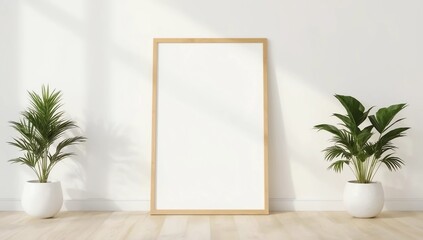 Wooden frame leaning on floor in interior mockup. Template of a picture framed on a wall 3D rendering