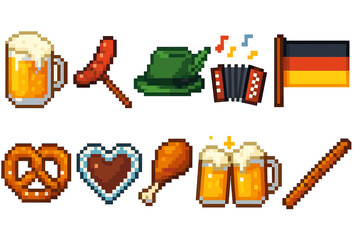 Bavarian festival pixel icon set. beer, sausage, pretzel pixel art collection.