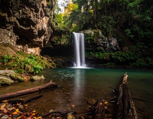 Waterfall cascading into a tranquil pool, surrounded by lush foliage and rock formations