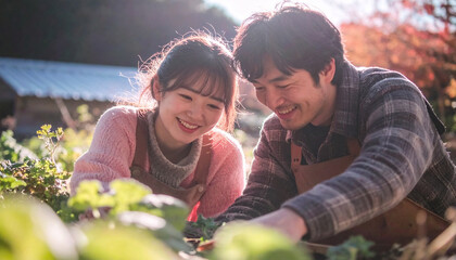 田舎で家庭菜園を楽しむ日本人家族