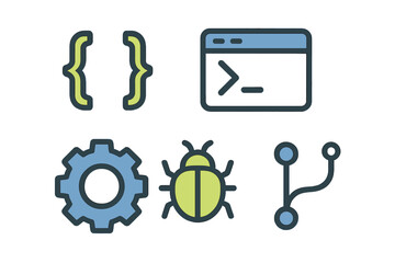 Fototapeta premium Programming and software development icons including curly braces, terminal window, gear, bug, and branching symbol