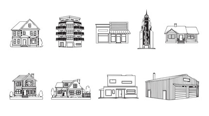 Collection of architectural hand drawn building styles featuring houses and city structures vector
