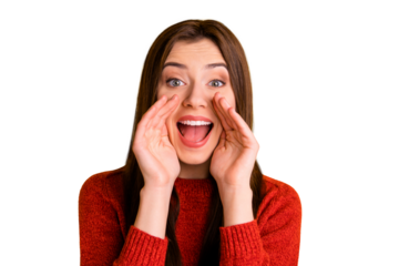 Photo of cute charming cheerful nice attractive fascinating youngster screaming new important information to you isolated over yellow vivid color background