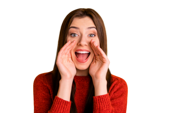 Photo of cute charming cheerful nice attractive fascinating youngster screaming new important information to you isolated over yellow vivid color background