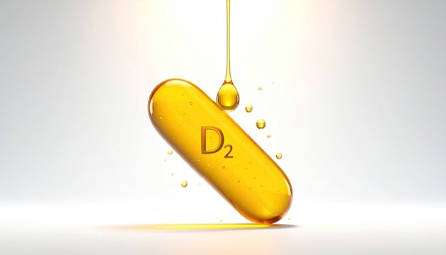 A golden vitamin D2 capsule with oil dripping