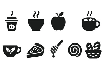 Food and drink silhouette icon set. cafe, cuisine, bakery icons collection