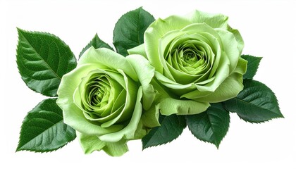Two pale green roses with lush green leaves