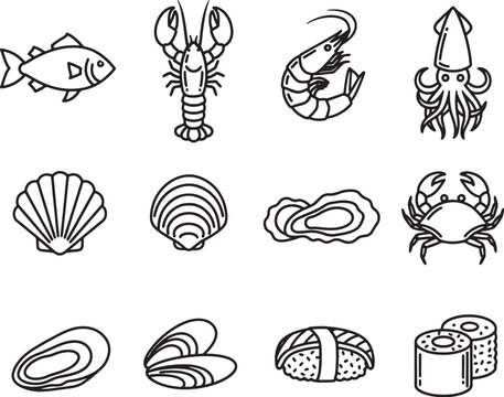 Set of seafood line icons vector illustration of fish shrimp and shellfish isolated on white background