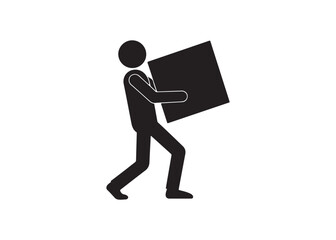 Stick figure carrying heavy box, isolated on white background.