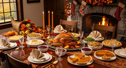 The Full Thanksgiving Spread. A classic, warm photo of a traditional Thanksgiving table set with a roast turkey, sides, and pumpkin pies by a cozy fireplace.
