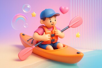 Naklejka premium Cute cartoon boy kayaking with paddle in colorful boat on pastel dreamy abstract background with stars, bubbles, and rainbow light effects. Ai generative