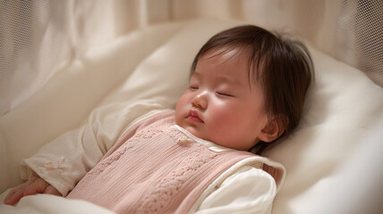 赤ちゃんが淡い桃色の衣で眠る