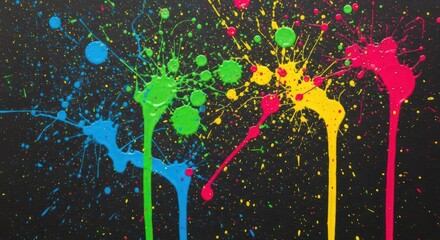Vivid colorful paint splatters and drips create a dynamic abstract composition against a dark black backdrop, showcasing bright hues of blue, green, yellow, and pink.