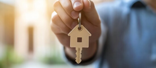Metallic House Key Being Held by Hand Outdoors in Soft Light
