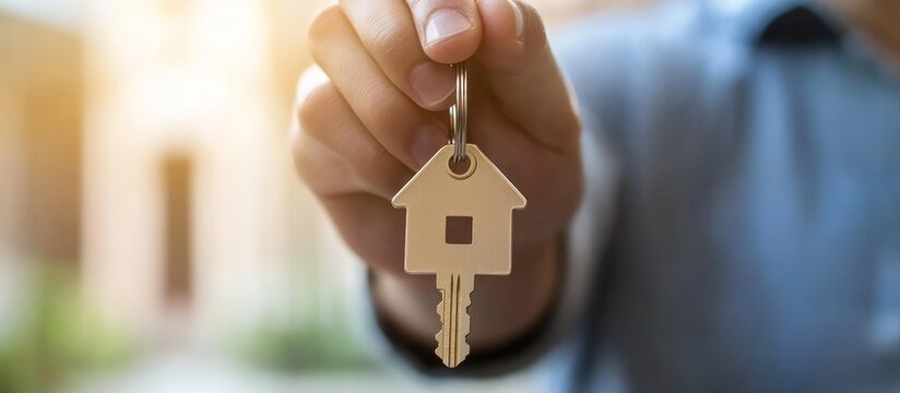 Metallic House Key Being Held by Hand Outdoors in Soft Light
