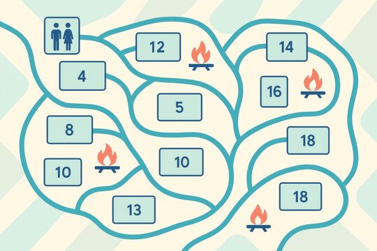 Illustrated campground site map layout with numbered plots, campfire icons, and restroom symbol on a light patterned background. Ai generative