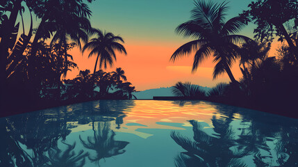 Tropical Paradise Sunset Reflection Palm trees silhouette, orange twilight sky reflecting on the pool's surface with turquoise waters, a serene and relaxing scenic view evokes a peaceful escape