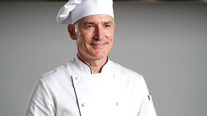 Chef in uniform smiling posing against neutral background