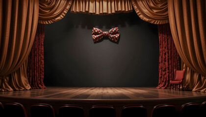 Empty theater stage with patterned bow tie and red chair image