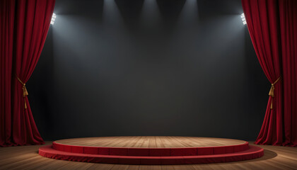 Empty theater stage with red velvet curtains and wooden floor performance