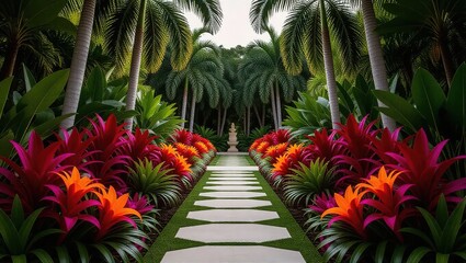 Vibrant Tropical Garden Path Lined with Colorful Bromeliads and