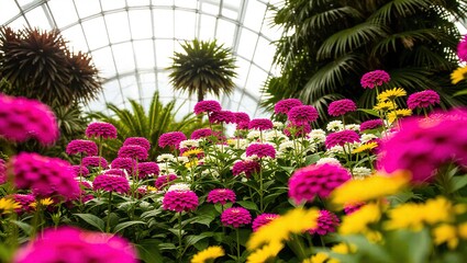 Vibrant Zinnia Garden Under Glass Roof: A Colorful Floral Displa