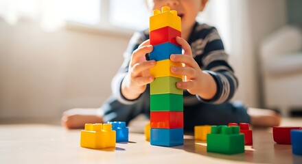 A young child's hands building a colorful tower with building blocks on a wooden floor in natural sunlight, creating a playful and developmental moment