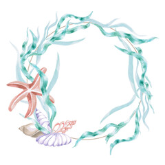 A round frame with seaweed, a starfish, and shells. Isolated watercolor illustration of sea creatures for children's interiors, cosmetics, greeting card designs, and themed holidays. © Svetlana
