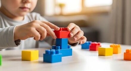 Close-up of a young child's hands building a tower with colorful interlocking plastic toy blocks on a white table, promoting early childhood development and creative play