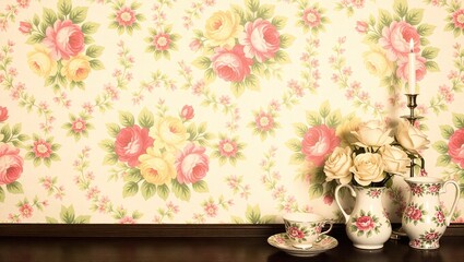 Vintage Floral Wallpaper with Roses, Teacup, Candle and Decorati