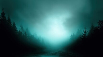 Naklejka premium Green background of misty evergreen forest with dense pine trees