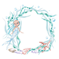 A round frame with seaweed, a starfish, and a mermaid. Isolated watercolor illustration of sea creatures for children's interiors, cosmetics, greeting card designs, and themed holidays.