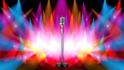 Vintage Microphone on Stage with Colorful Light Beams and Stage
