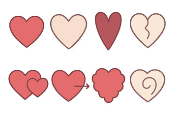 Diverse collection of heart shapes and symbols in various styles representing love and emotional states